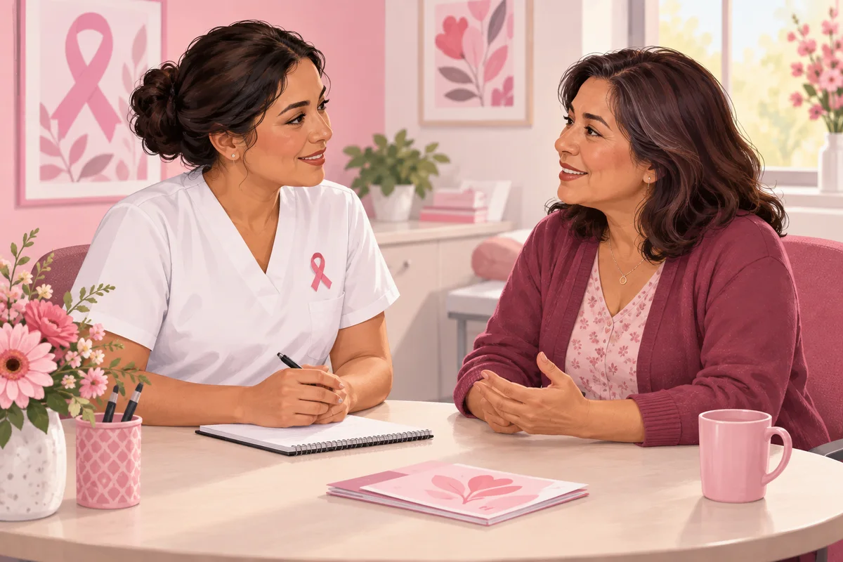 Ilustración de una enfermera escuchando y orientando a una mujer durante una consulta
