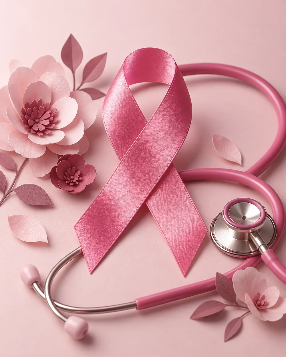 Lazo rosa de concientización acompañado de flores y un estetoscopio rosa